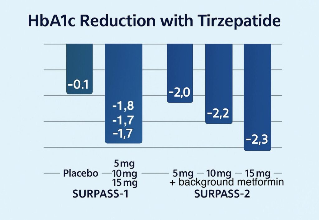 Clinical trials Mounjaro (GLP-1): reduce HbA1c (glycosylated hemoglobin)